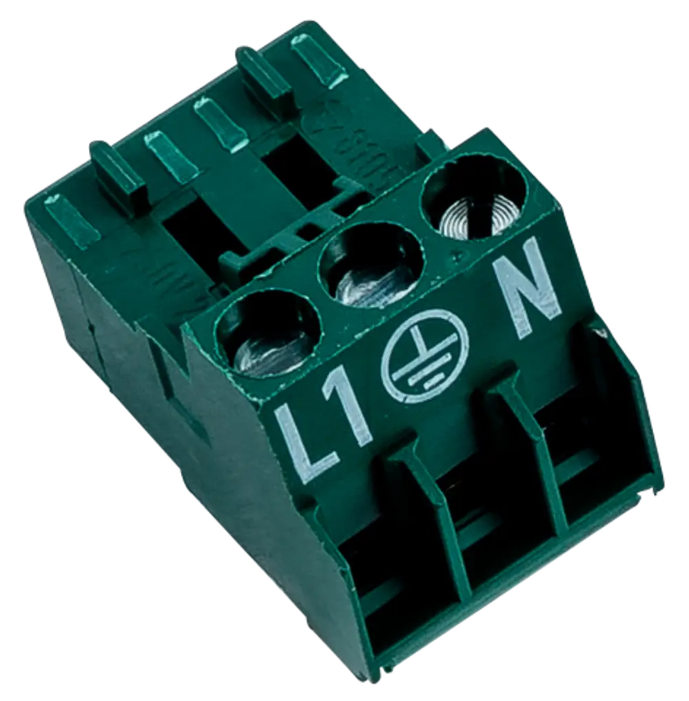 Stecker mit drei Anschlussklemmen in moosgrün, beschriftet mit L1, N und Erdkreis. Produkt von Wolf, geeignet für elektrische Verbindungen.
